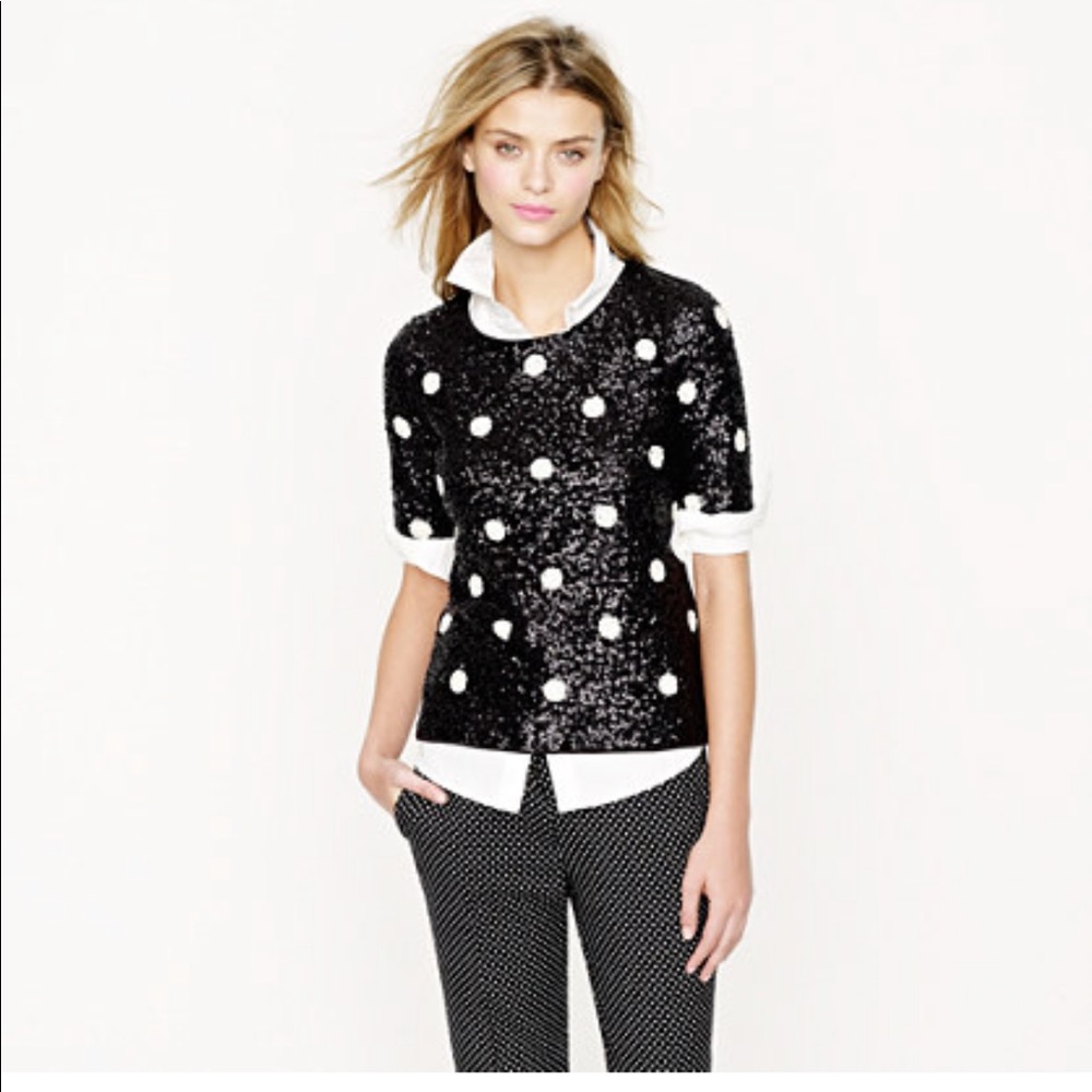 J Crew Black Sequin Polka Dot Top M